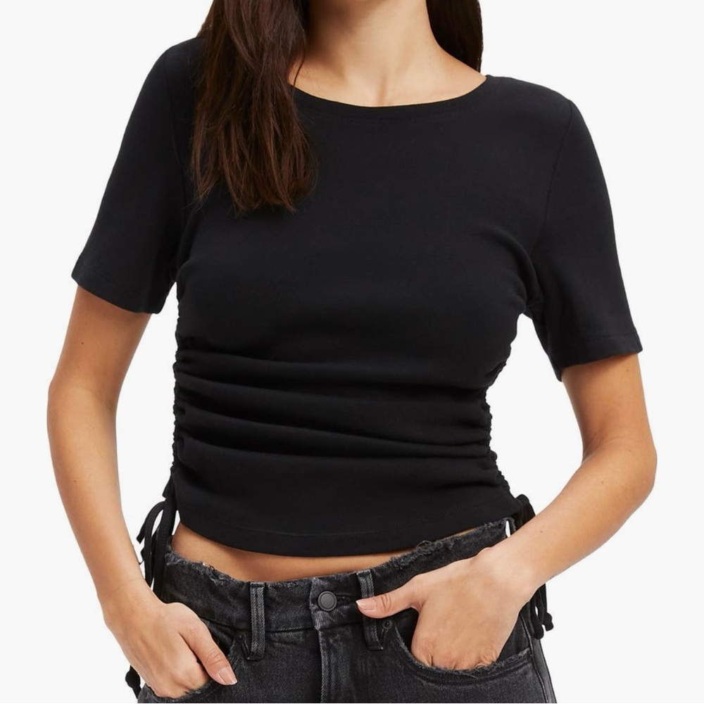 Good American Black Ruched Side Crop Tee - Women's Top